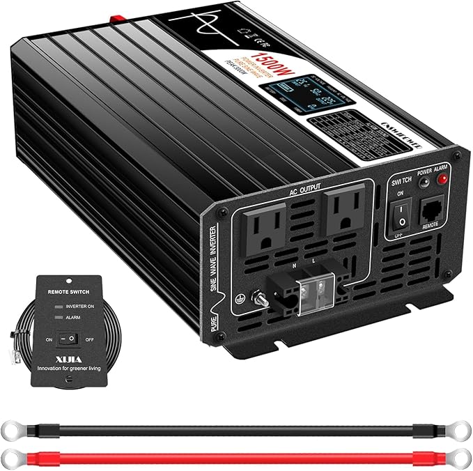 Xijia 1500W(Peak Power 3000W) Pure Sine Wave LCD-Display DC 24V Inverter AC 120V 60HZ Solar Inverter for Home rv Truck Use car (DC24V (Range 20V-30V) 1500W)
