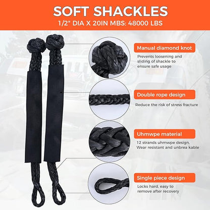 Kinetic Recovery Tow Rope, 48000LBS Snatch Strap (1" x 30ft) with Soft Shackles, Extreme Duty 30% Elasticity Energy Offroad Towing Straps Kit for Car Jeep Trucks SUV UTV ATV Tractor - Black