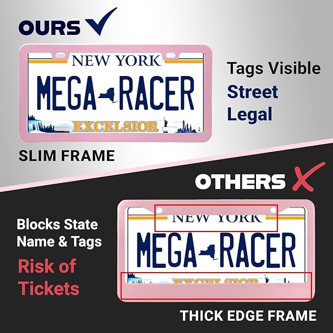 Premium Princess Pink License Plate Frame – 1 Pack, Rust-Free Stainless Steel, Street Legal & Rattle-Free, Universal Slim Design with Screw Covers, Durable Car Tag Holder for Women, Cute & Girly Gift