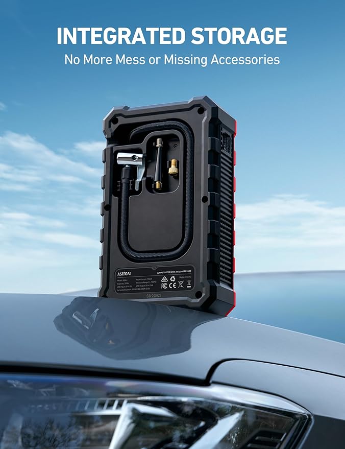 AstroAI S8 Air Jump Starter with Air Compressor, 1500A Peak Car Battery Jump Starter Portable (6.0 Gas/3.0L Diesel) with 150PSI Cordless Auto-Shutoff Tire Inflator, 12V Battery Charger Booster(Red)