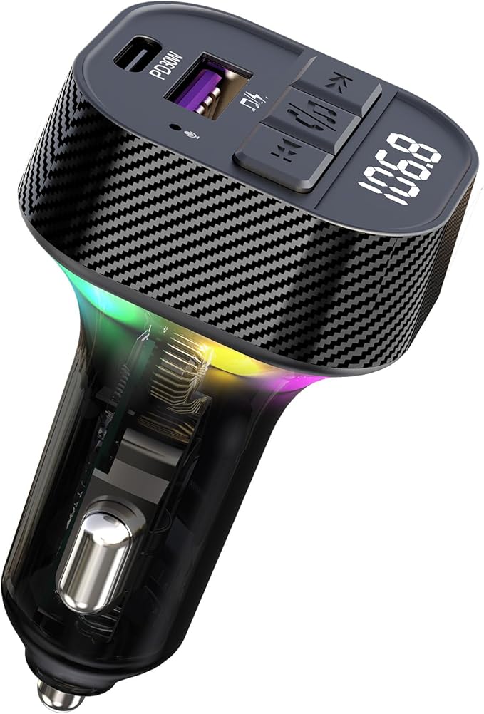 Bluetooth 5.3 FM Transmitter for Car, Bluetooth Car Adapter with Type-C PD(30W) Charger and QC3.0 USB Port, Wireless FM Radio Transmitter, Support MP3 Player, Handsfree Calling, Backlit,U Disk, Grey