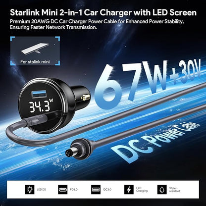 QUIDDITY Starlink Mini Car Adapter DC Power Cable + Cigarette Lighter Adapter 12V-24V with Digital Display, Water-Resistent Car Charging Cord with USB Type-C Port Starlink Mini Accessories(2M/6.5FT)