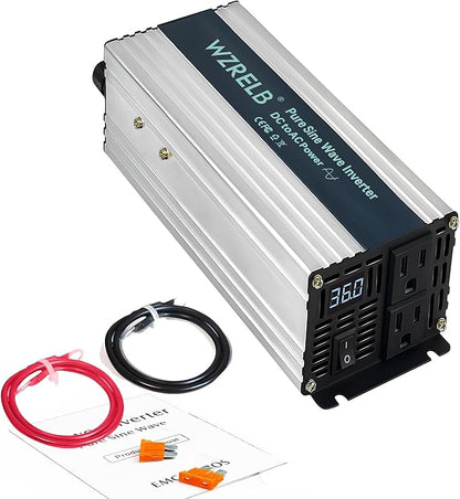 WZRELB 1000W Pure Sine Wave Inverter 36V DC to 110V 120V AC,Car Power Inverter with Dual AC Outlets, LED Display,Off-Grid Portable Power Converter for Home, RV, Truck, Camping