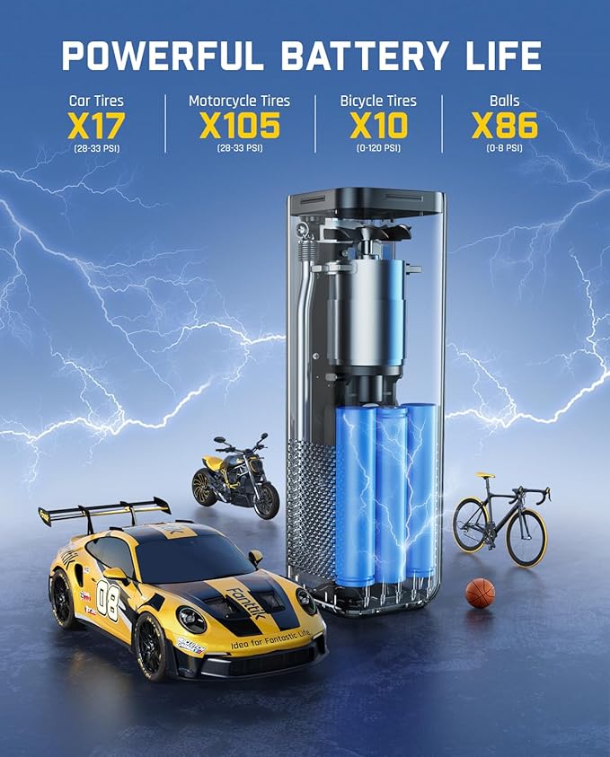 Fanttik X8 APEX Tire Inflator Portable Air Compressor, 1 Min Fast Inflation, 150PSI Cordless Tire Inflator with LED Dual Screen, Suitable for MPV, Car, Motorcycle, Up to 26.3″ Tires, Deluxe Package