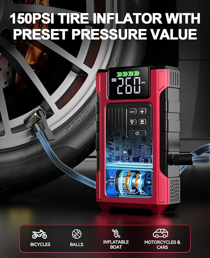 4000A Car Jump Starter with Air Compressor, Portable Charger Jumpstart 12V Vehicle, Power Pack with 150PSI Tire Inflator for 9.0L Gas/7.5L Diesel Engines Jump Box with Light and Jumper Cable