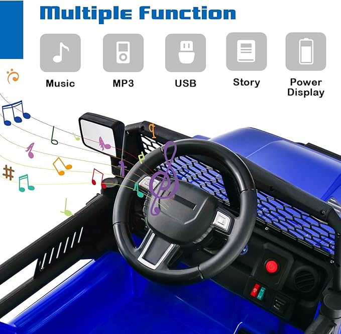 OLAKIDS Kids Ride On Truck, 12V Electric Vehicle Car with Remote Control, Toddlers Battery Powered Toy with 2 Speeds, Spring Suspension, Double Open Doors, LED Lights, TF, Music, USB, Mp3 (Blue)