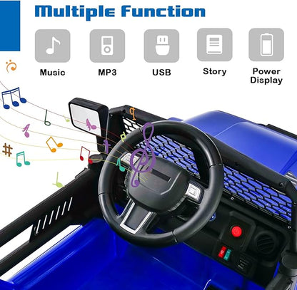 OLAKIDS Kids Ride On Truck, 12V Electric Vehicle Car with Remote Control, Toddlers Battery Powered Toy with 2 Speeds, Spring Suspension, Double Open Doors, LED Lights, TF, Music, USB, Mp3 (Blue)
