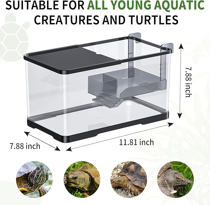 (Tank + Light + Filter Balls) Turtle Tank Kit, Turtle Tank Starter Kit,Bottom Drainage, Multi-Function Areas for Turtles, Crabs,Fishes, Amphibians,Reptiles. (11.81 × 7.88 × 7.88 Inch)