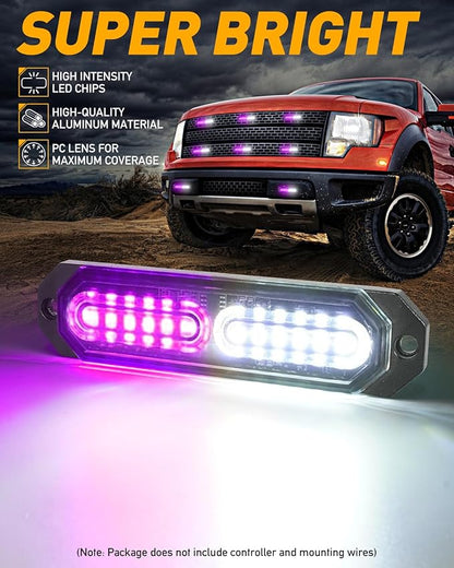 HLauto 1200T Emergency Strobe Grille Lights: 8pcs 12 LED Sync Feature Safety Warning Flashing Light, Ultra Slim Surface Mount Hazard Caution Light for Trucks, Vehicles, Car, ATV, UTV (Purple White)