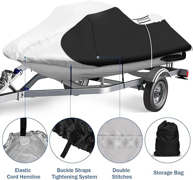 iCOVER Personal Watercraft Cover- Water Proof Heavy Duty Trailerable Jet Ski Covers for Seadoo Kawasaki Yamaha Wave Runner, Fits PWC Models Up to 113in Long
