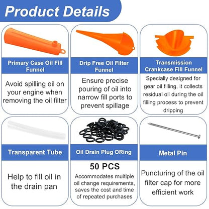Oil Change Kit for Harley Tool, Oil Filter Wrench, Oil Funnels Set, Motorcycle Primary Case Oil Funnel, 50PCS 11105 Drain Plug O-Ring for Harley Davidson Accessories