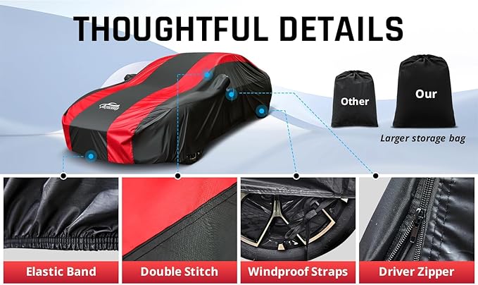 Extra Large Car Covers Waterproof for All Weather Protection with Red Stripe Design, Car Cover for Automobiles Universal Fit Cadillac Deville, Lincoln Continental Town, Ford Crown Victoria