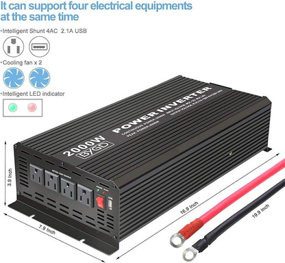 BYGD 2000W Power Inverter 12V DC to 110V AC Inverter Converter with 4 AC Outlets Dual 2.1A USB Ports for Home, RV, Boat, Truck, Off-Grid Solar System