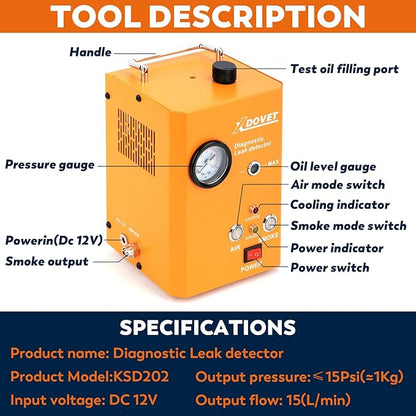 XDOVET Smoke Machine Automotive Leak Detector, KSD201 Pro Auto EVAP Smoke Leak Tetser with Built-in Air Pump, Pressure Gauge, Emission Vacuum Exhaust Smoke Tester Tools Kit for Cars