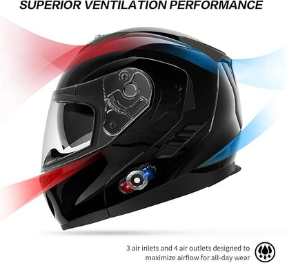 Motorcycle Helmet Bluetooth 5.0 Integrated New EPS FreedConn BM2-S Modular Flip Up Dual Visor Motorbike Helmet DOT FMVSS-218 Approved MP3 FM for Adults Men Women(X-Large, Glossy Black)