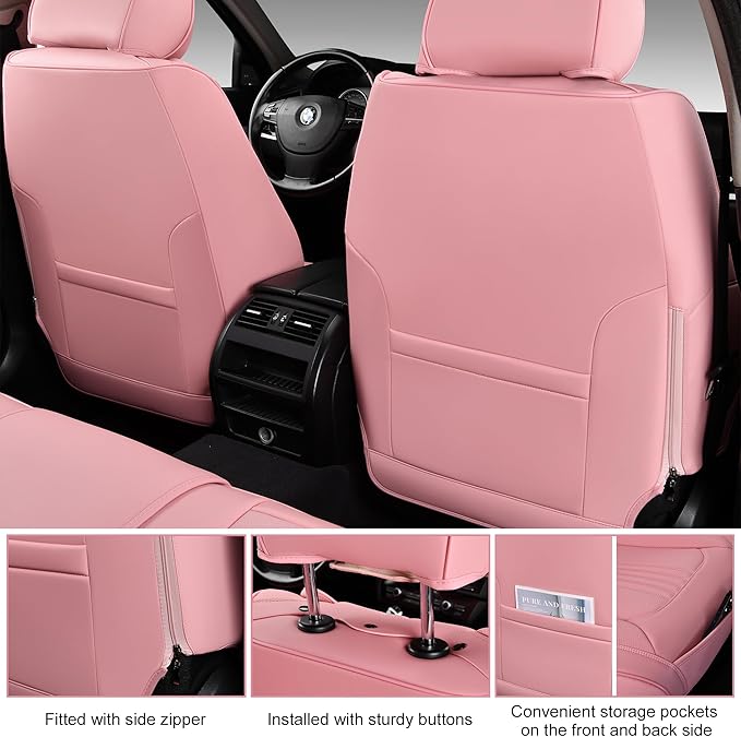 Front Seat Covers, 2 Pieces Universal Seat Covers for Cars, Waterproof Leather Auto Seat Protectors with Head Pillow, Car Seat Cushions Fit for Most Sedans SUV Pick-up Truck, Pink