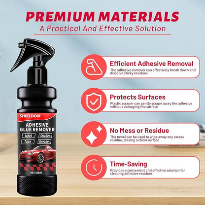 Adhesive Remover, Dissolve & Soften Adhesives on Car Glass & Paint, Easily Remove Glue Sticker Labels Decals Tape Residue, Portable Spray Removal Set with Scraper, Spatula, Towel -3.4oz/100ml