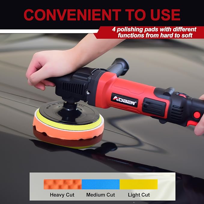 AOBEN 6/7 inch Buffer Polisher,Rotary Car Buffer,1600W Car Polisher Waxer Kit with 6 Variable Speed 1000-3500RPM & 4 Polishing Pads,Detachable Handle for Car Polishing and Waxing