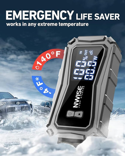 NWISE Car Jump Starter, 6000A Peak 25800mAh Portable Battery Starter (Up to 10L Gas or 8L Diesel Engine) with Smart Safety Jumper Clamps,12V Jump Boxes Large Screen with 45W Fast Charging
