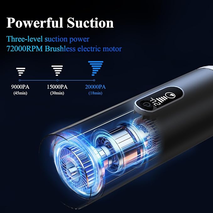 Car Vacuum Portable Cordless - 20000PA High Power Handheld Vacuum with LED Display, 2.5H Fast Charging Up to 45 Mins of Runtime, Hand Vac Cordless Rechargeable for Car Home Corner Cabinet