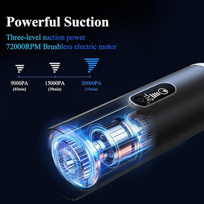 Car Vacuum Portable Cordless - 20000PA High Power Handheld Vacuum with LED Display, 2.5H Fast Charging Up to 45 Mins of Runtime, Hand Vac Cordless Rechargeable for Car Home Corner Cabinet