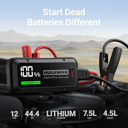 Hulkman Alpha Pro Solid Black, 1500A 44.4Wh Car Jump Starter Portable, High-Capacity Battery Booster & Jumper Cables, 3.3" Display Jump Box, PD65W in&Out, 12V Battery Pack for 7.5L Gas/4.5L Diesel