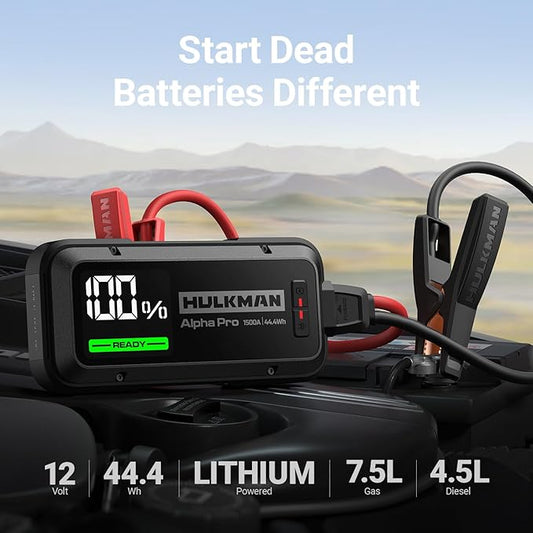 Hulkman Alpha Pro Solid Black, 1500A 44.4Wh Car Jump Starter Portable, High-Capacity Battery Booster & Jumper Cables, 3.3" Display Jump Box, PD65W in&Out, 12V Battery Pack for 7.5L Gas/4.5L Diesel