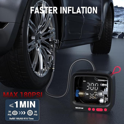 NEXPOW Tire Inflator Portable Air Compressor, 180 PSI Cordless Air Pump for Car Tires with Dual Digital Pressure Gauge & Auto Shut-Off, Portable Tire Pump for Car, Motorcycle, Bicycle, Ball and More
