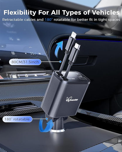 DreamBee Retractable Car Charger,custom-made modelRetractable Cables (31.5 inch) and 2 USB Ports Car Charger, PT-27