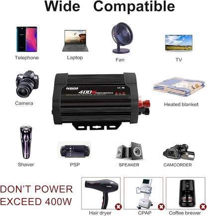 400W Car Power Inverter, DC 12V to 110V AC Converter with 2 Charger Outlets and Dual 3.1A USB Ports Cigarette Lighter Socket Adapter(Black)