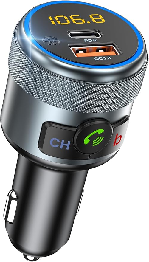LENCENT Car FM Transmitter, Wireless Bluetooth 5.1 Radio Adapter Car Kit with Big Button, Type C PD 20W and QC3.0 18W Car Fast Charger, Bass Lossless Hi-Fi Sound Music Streaming, Wireless Call