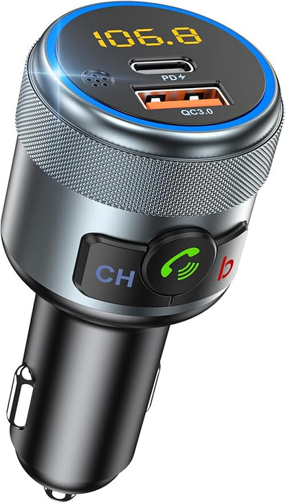 LENCENT Car FM Transmitter, Wireless Bluetooth 5.1 Radio Adapter Car Kit with Big Button, Type C PD 20W and QC3.0 18W Car Fast Charger, Bass Lossless Hi-Fi Sound Music Streaming, Wireless Call