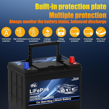 TPE GROUP G24 Lithium Car Battery - High Capacity, 12V, Maintenance-Free, Long-Lasting for Reliable Power