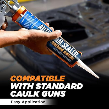 [2 Pack] Professional Automotive Seam Sealer, Paintable Quick-Set Polyurethane Auto Body Seam Sealer for Metal Surfaces of Cars, Trucks, Etc, Includes Gloves & Tip - White RV Roof Sealant