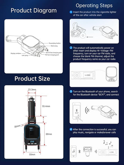 Retractable Car Charger 96W with Bluetooth Car Adapter, 4 in 1 Fast Charging, Radio Bluetooth 5.3 FM Transmitter, Handsfree Calling, USB C Phone car Charger Adapter for iPhone 16 15 14 13 12