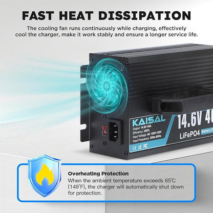 12V 40A Lithium Battery Charger 14.6V LiFePO4 Battery Charger for 12.8V LiFePO4 Lithium Deep Cycle Rechargeable Batteries 0V Wake Up 12 Volt Charger with 2 Connectors for RV, Boat, Car, Marine, Solar