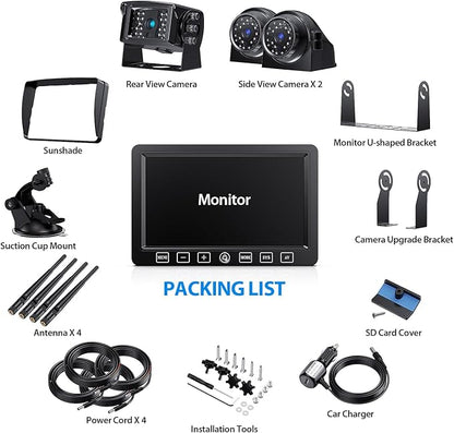 Wireless Backup Camera with 7 Inch DVR Quad Split Monitor for RV Trailer Truck, Digital Signal HD 1080P Wireless Rear Side View 3 Cameras Back Up System w/Recording 18 IR Night Vision (B3C)