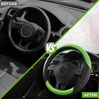 Road Comforts Steering Wheel Cover – Breathable Leather Steering Wheel Cover, Anti-Slip Grip, Universal Fit 14.5” to 15”, Heat & Cold Resistant for Cars, SUVs, and Trucks – Black & Green