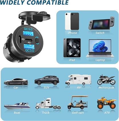 Dual PD USB C Ports & Dual USB Quick Charge 3.0 Ports 12V USB Outlet with Switch, VANONE Waterproof and Dustproof Car Charger Socket, Accessories for Car Boat Marine Motorcycle RV ATV Golf Cart, etc