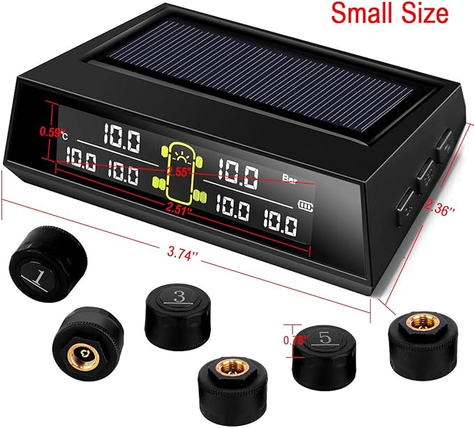 RV TPMS Tire Pressure Monitoring System, TS200 Solar Wireless TPMS with 6 Tire External Sensors Digital LCD Display RV Auto Security Alarm for Car RV Trailer Truck Tow Motorhome