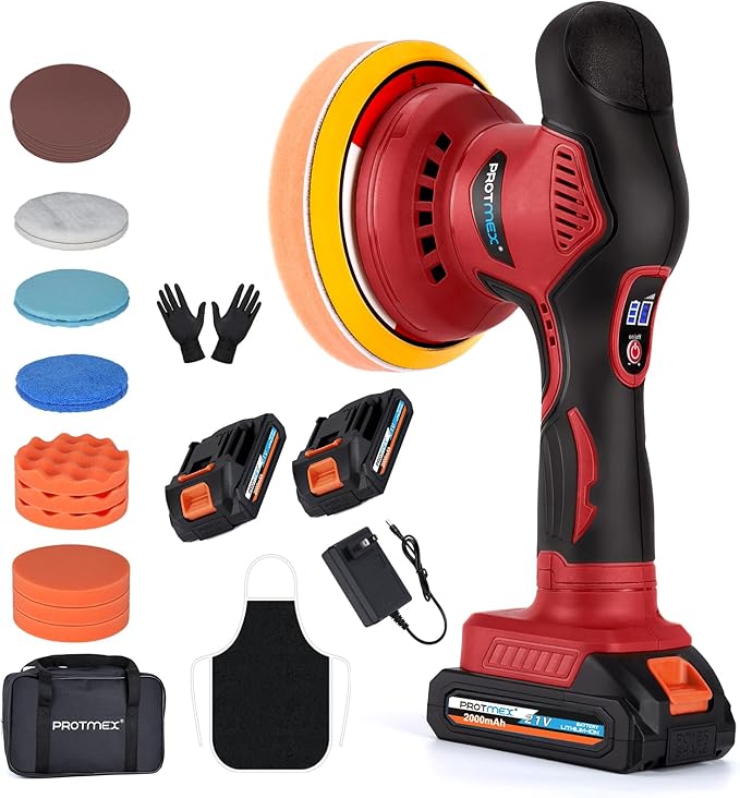 Cordless Car Buffer Polisher w/ 2x2000mAh 21V Batteries, 6 Inch Car buffer Waxer Kit, Car Polishing Machine w/ Extra 18 PCS Attachments & 6 Variable Speed, Car Buffer Polisher for Car Detailing (Red)