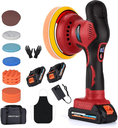 Cordless Car Buffer Polisher w/ 2x2000mAh 21V Batteries, 6 Inch Car buffer Waxer Kit, Car Polishing Machine w/ Extra 18 PCS Attachments & 6 Variable Speed, Car Buffer Polisher for Car Detailing (Red)