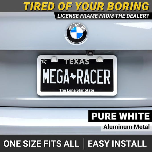 Premium Slim White License Plate Frames – 2 Pack, Rust-Free Stainless Steel, Street Legal & Rattle-Free, Universal Fit with Screw Covers, Sleek Thin Metal Front & Rear Car Tag Holders for Men & Women