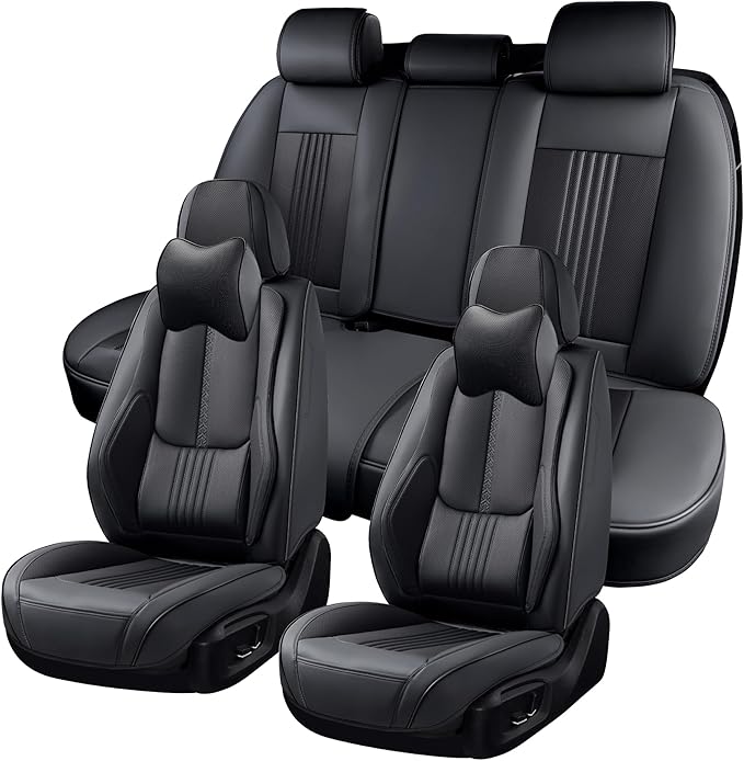 Car Seat Covers Full Set, Front and Rear Seat Covers for Cars, Waterproof Leather Auto Seat Protectors with Head Pillow, Car Seat Cushions Fit for Most Sedans SUV Pick-up Truck, Black