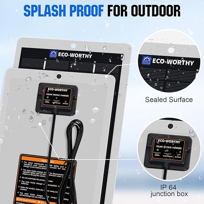 ECO-WORTHY Solar Battery Charger 12 Volt Waterproof Portable Power Solar Panel Solar Trickle Car Battery Charger Maintainer for Car Truck Boat RV Motorcycle Marine Trailer Battery，Plug and Play