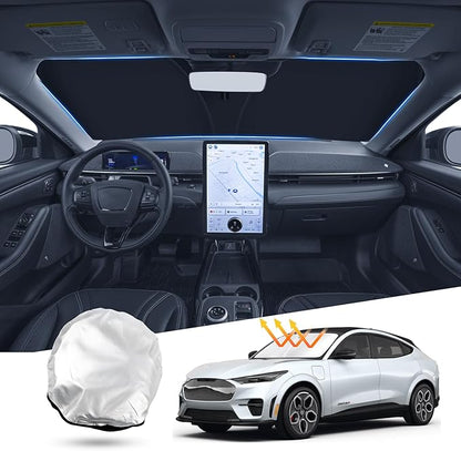 T TGBROS Windshield Sun Shade for Ford Mustang Mach-E 2021-2025 2026 Front Window Sunshade Sun Shield Foldable Sun Visor Cover for Mustang Mache Accessories Block Heat and Sun Protection