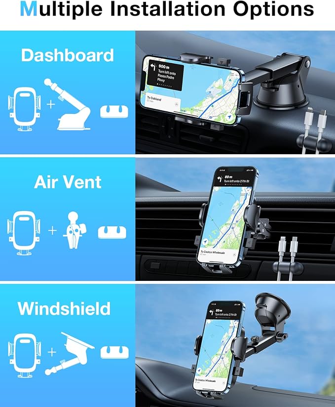 HTU [True Military-Grade] 2025 Upgraded Car Phone Holder 【Safety Certs & No Smell】 Cell Phone Holder for Car Mount for Dashboard Windshield Air Vent Long Arm Thick Case,Navy Blue