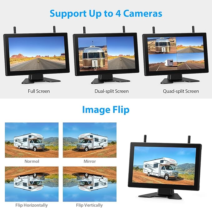 10.1" Magnetic Solar Wireless Backup Camera System, HD1080P Loop Recording 10.1 Inch Touchscreen Monitor with Quad RV Backup Cameras Wireless System for RV Trailer Tractor Truck, BL101