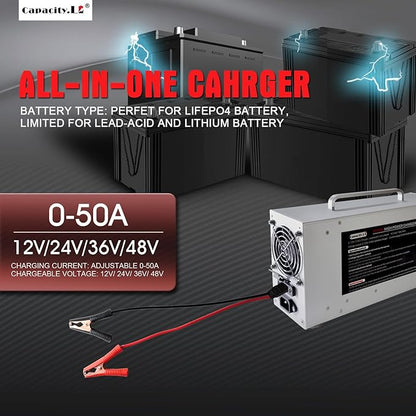 High Power Battery Charger, Upgraded Design LifePO4 Battery Charger, One Click Control Adjustable Current/Voltage Portable Adapter for LiFePO4 Lithium Iron Rechargeable Battery(60V/50A)