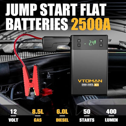 VTOMAN X1 Jump Starter with Air Compressor, Car Battery Jumper Starter (2500A, Up to 8.5L Gas/6L Diesel Engine) with 150PSI Auto Tire Inflator, 12V Portable Booster Pack, Lithium Jump Box Charger-Gray